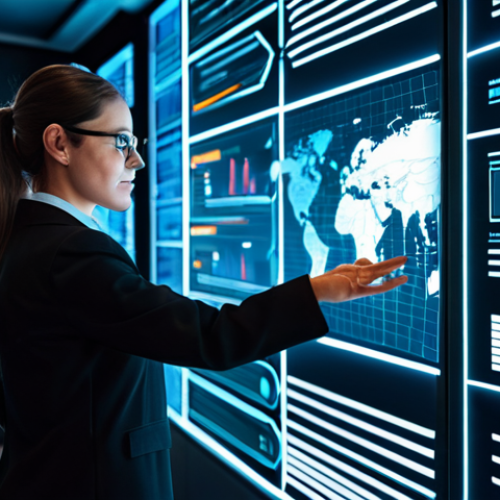 A female data scientist, in a professional business suit, standing in a futuristic control room, interacting with a complex, dynamic holographic display of a customer journey map. The map shows interconnected data points, predictive analytics overlays, and a glowing "digital twin" representation, symbolizing an evolving ecosystem. The background features blurred, illuminated server racks and abstract data streams. The subject is fully clothed, in professional dress, perfect anatomy, natural pose, well-formed hands, correct proportions. High-tech corporate environment, safe for work, appropriate content, professional, high resolution, soft cinematic lighting.