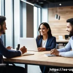 Home 21 고객 여정 맵핑과 지속 가능한 비즈니스 전략 - A diverse group of Hispanic business professionals collaborating in a modern office setting, using d...