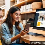 Home 20 고객 여정 맵과 고객 대화의 중요성 - A modern Spanish online store scene showing diverse young customers browsing products on laptops and...