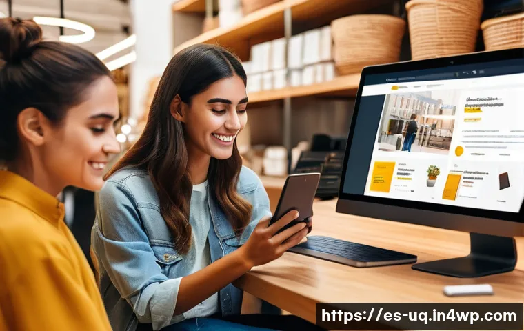 고객 여정 맵과 고객 대화의 중요성 - A modern Spanish online store scene showing diverse young customers browsing products on laptops and...