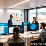 Home 18 고객 여정 맵핑과 여정 최적화 - A modern digital marketing team in a sleek Barcelona office, analyzing customer journey data on mult...