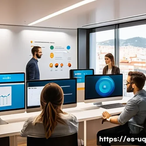 Home 30 고객 여정 맵핑과 여정 최적화 - A modern digital marketing team in a sleek Barcelona office, analyzing customer journey data on mult...