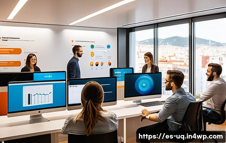 고객 여정 맵핑과 여정 최적화 - A modern digital marketing team in a sleek Barcelona office, analyzing customer journey data on mult...